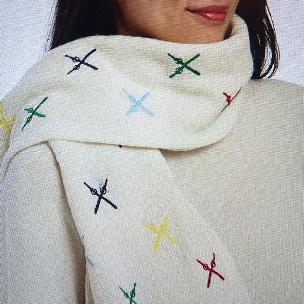 Mark & Graham Embroidered Ski Scarf Ivory Wool Blend‎ Multicolor Ski Poles